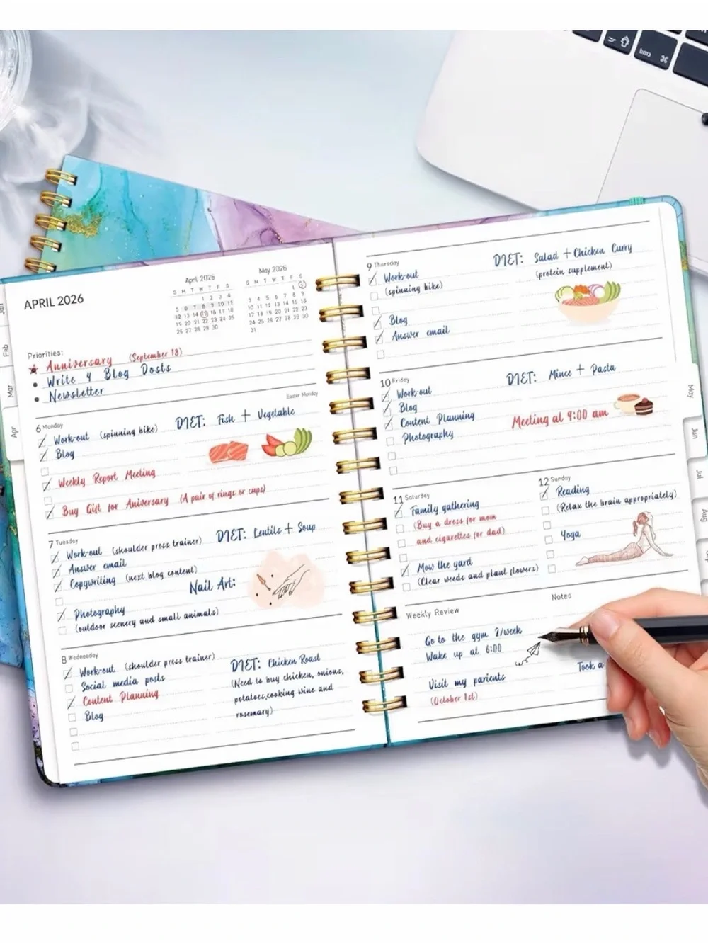 2026 Marble Effect Spiral Planner - Teal & Gold